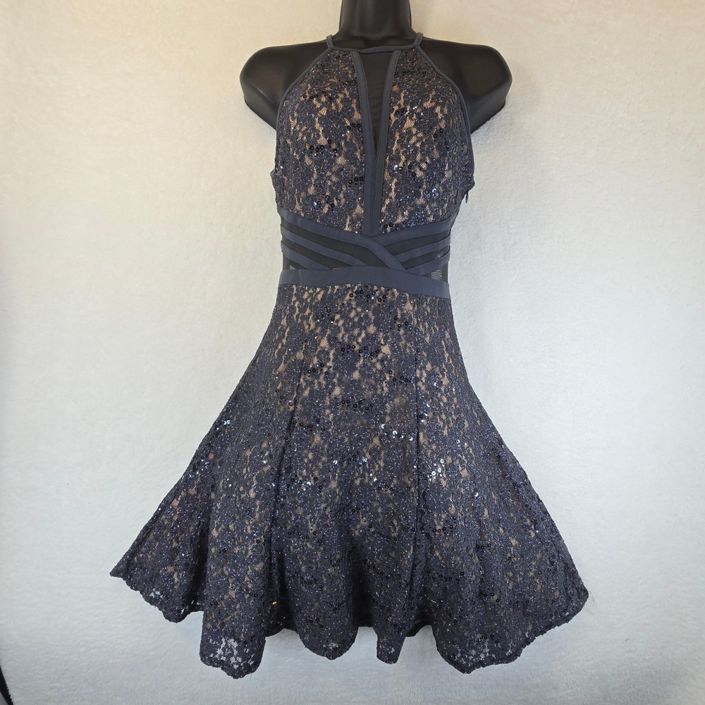 Y2K Lace Halter Fit Flare Sparkle Mini Tulle Dress Homecoming Hoco Gray Junior 1
